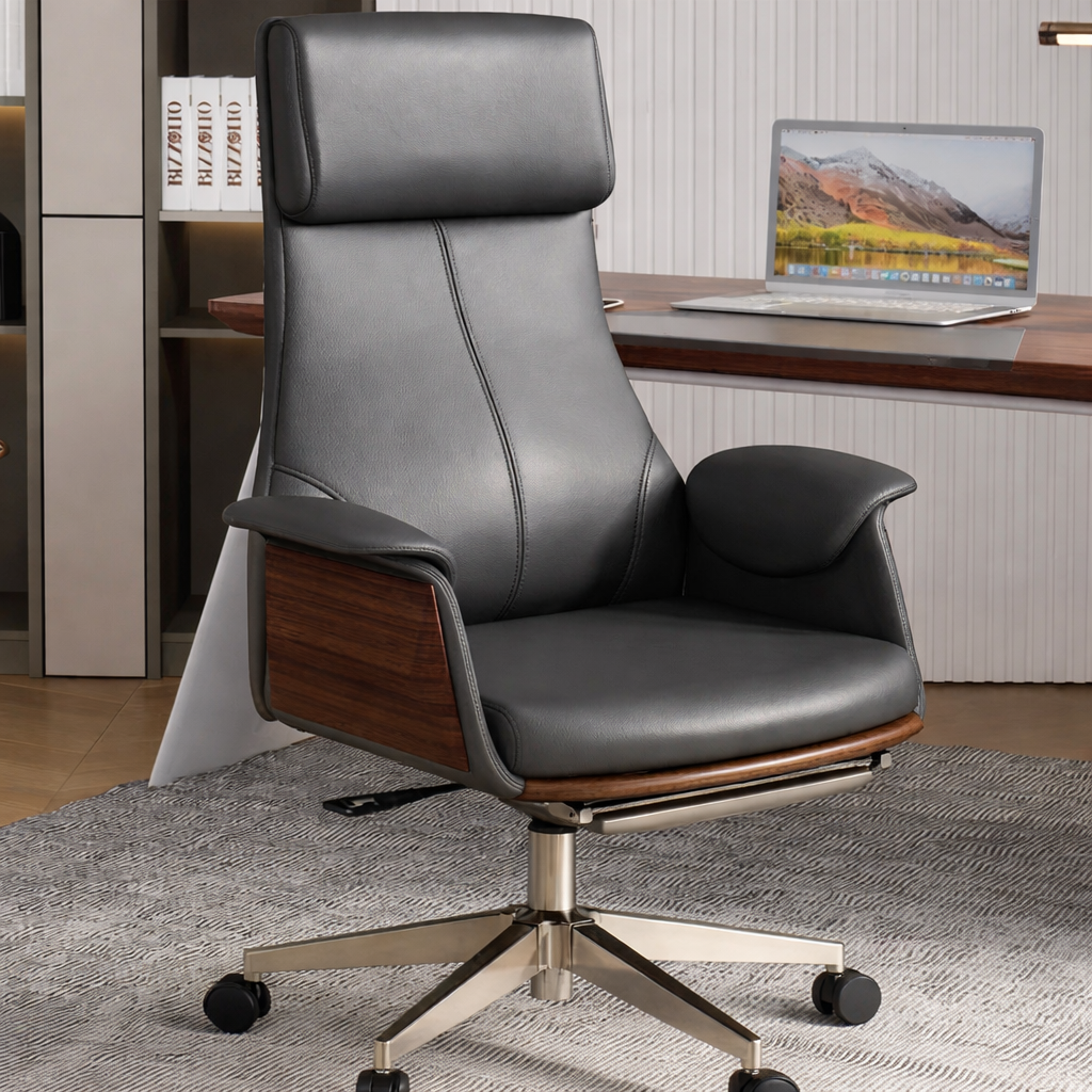 chaise de bureau gris bois dossier haut accoudoirs rembourres