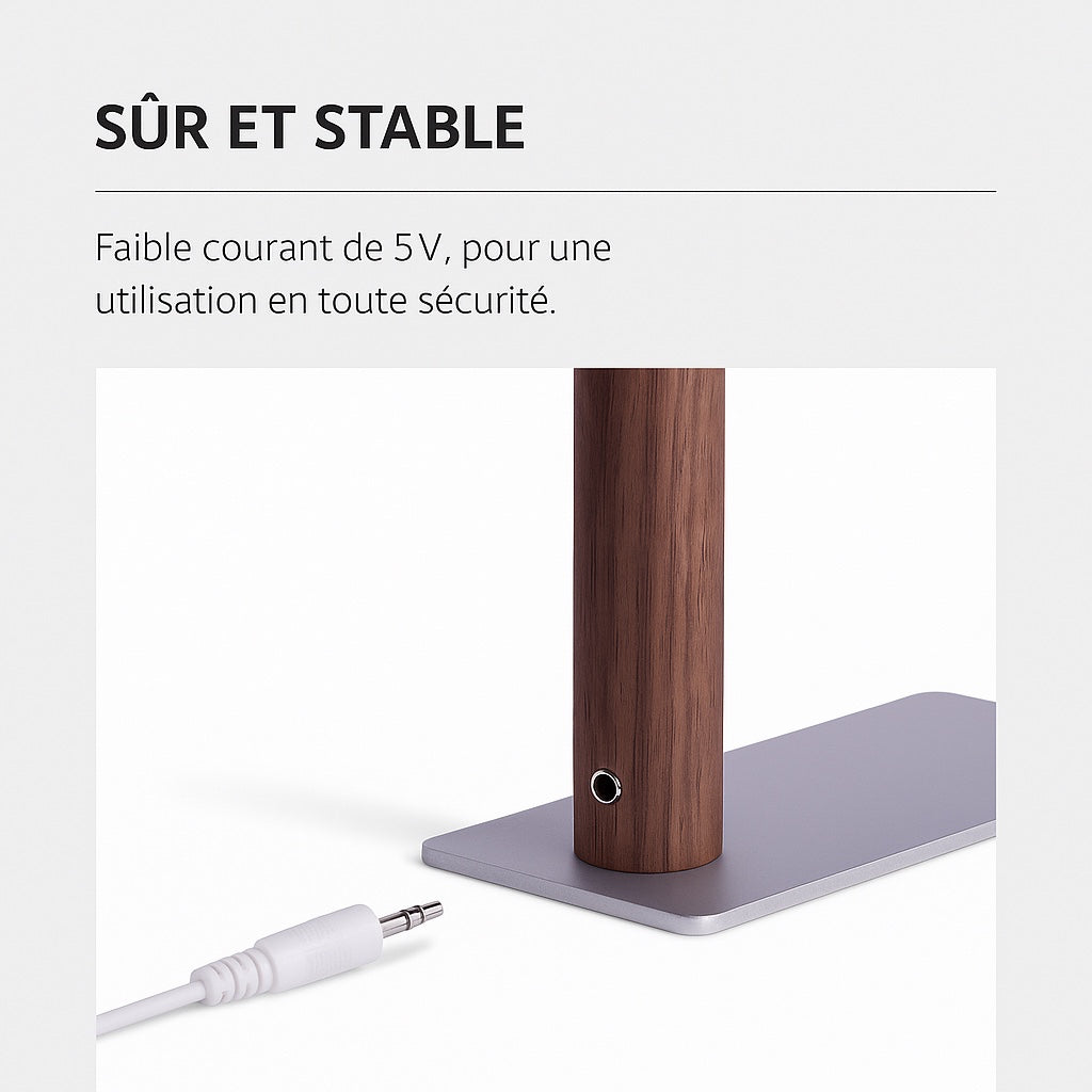 lampe de bureau base metal tige noyer prise jack