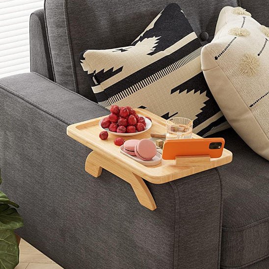plateau accoudoir canape bois snack telephone boisson