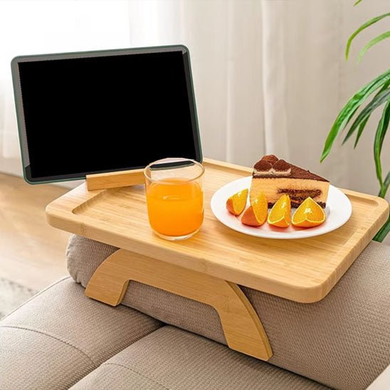 plateau accoudoir canape bois tablette gateau jus orange