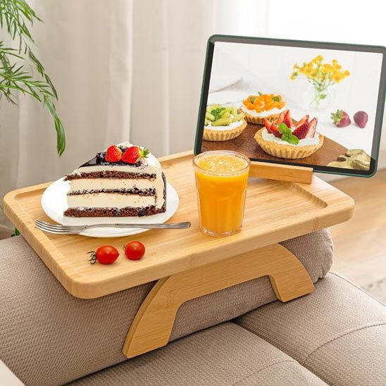 plateau accoudoir canape bois tablette gateau jus tomates