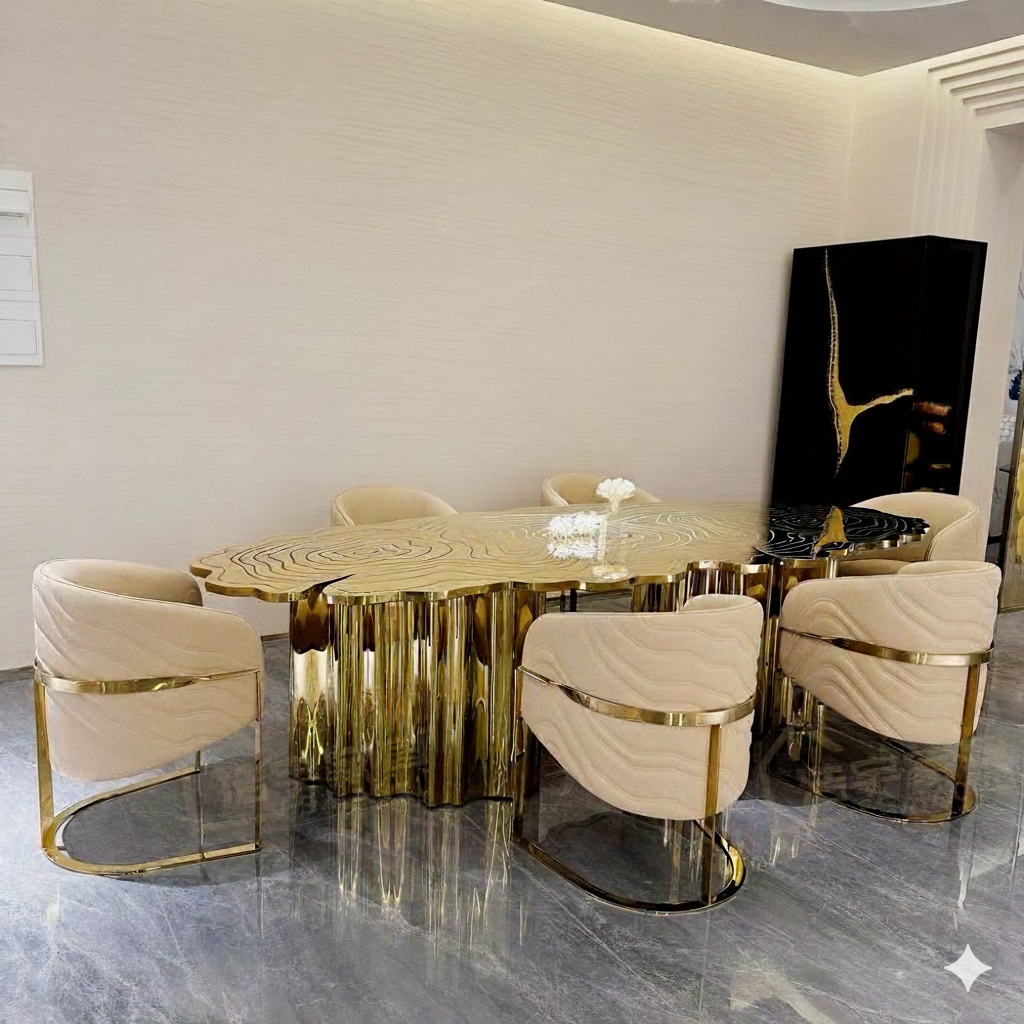 salle a manger luxe table doree chaises creme arrondies