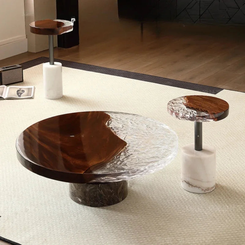 table basse bois verre pietement marbre