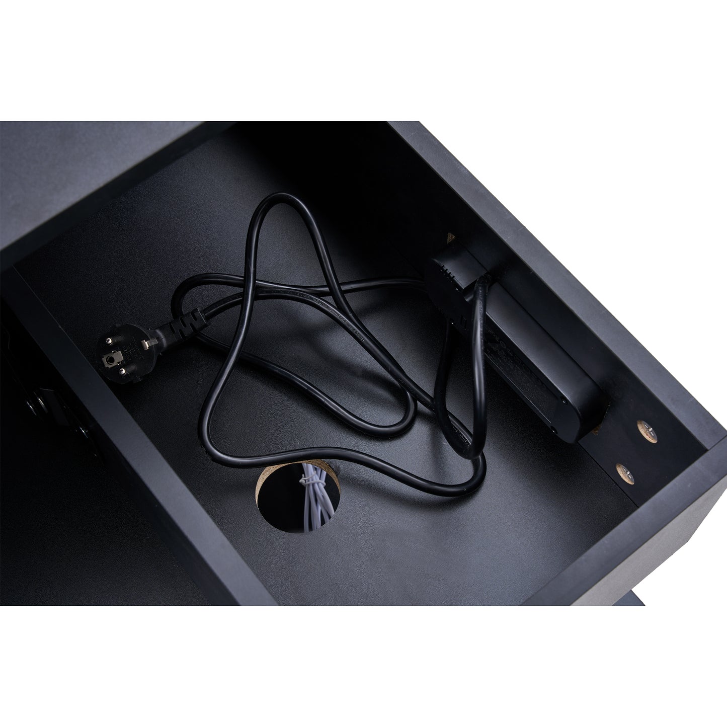 table basse salon cables internes LED et alimentation