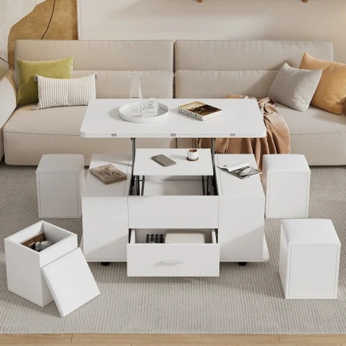 table basse salon modulaire blanche avec cubes tabourets rangement