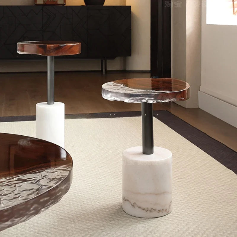 table basse d appoint bois verre pietement marbre