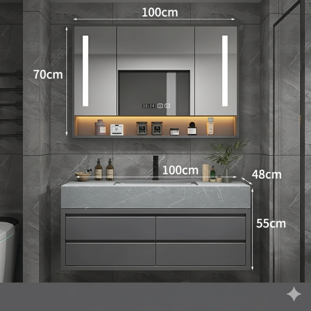 armoire salle de bain 100cm grise avec miroir eclaire