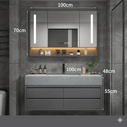 armoire salle de bain 100cm grise avec miroir eclaire