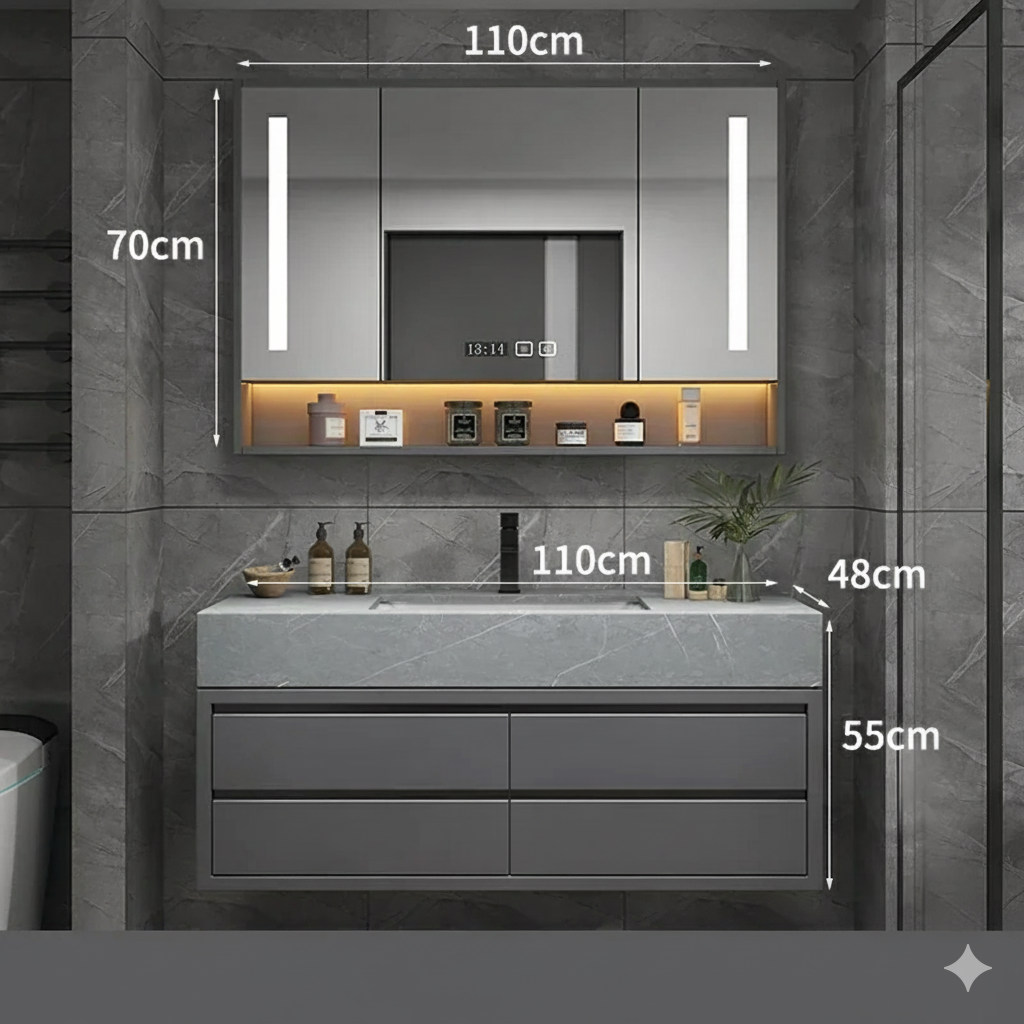 armoire salle de bain 110cm grise avec miroir eclaire