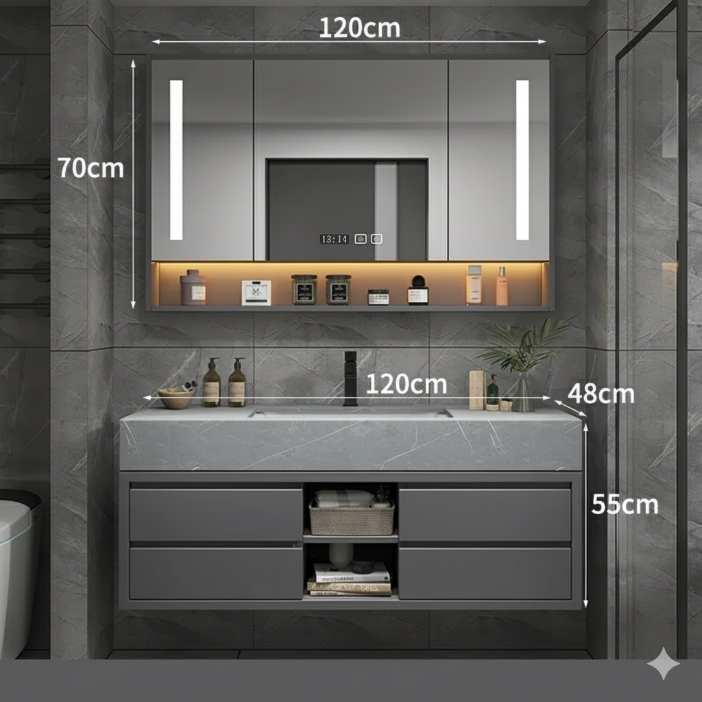 armoire salle de bain 120cm grise avec miroir eclaire