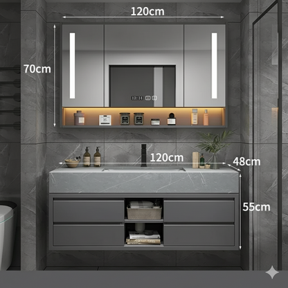 armoire salle de bain 120cm grise avec miroir eclaire