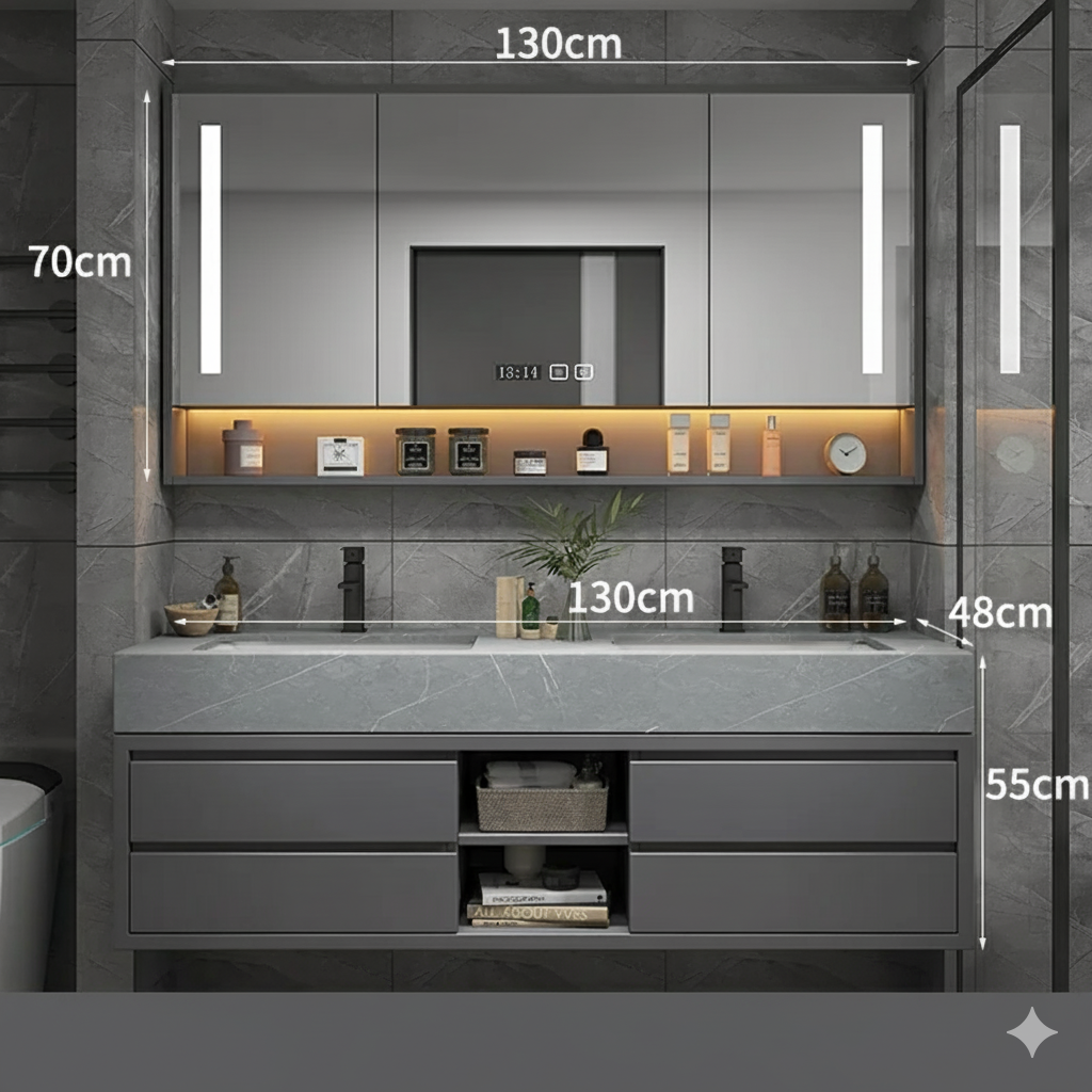 armoire salle de bain 130cm grise avec miroir eclaire