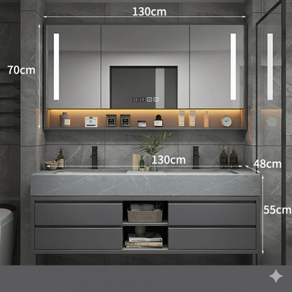 armoire salle de bain 130cm grise avec miroir eclaire