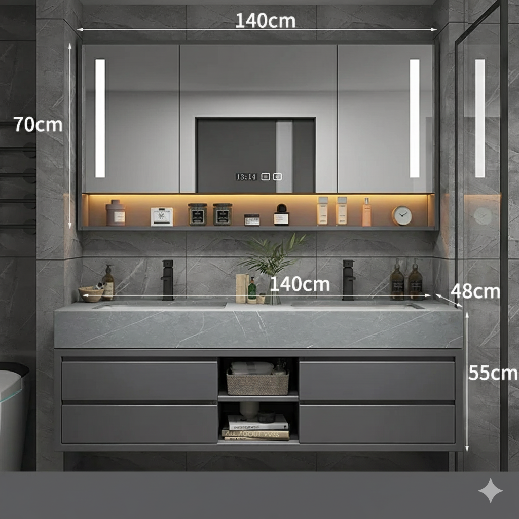 armoire salle de bain 140cm grise avec miroir eclaire LED