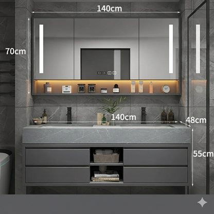 armoire salle de bain 140cm grise avec miroir eclaire LED