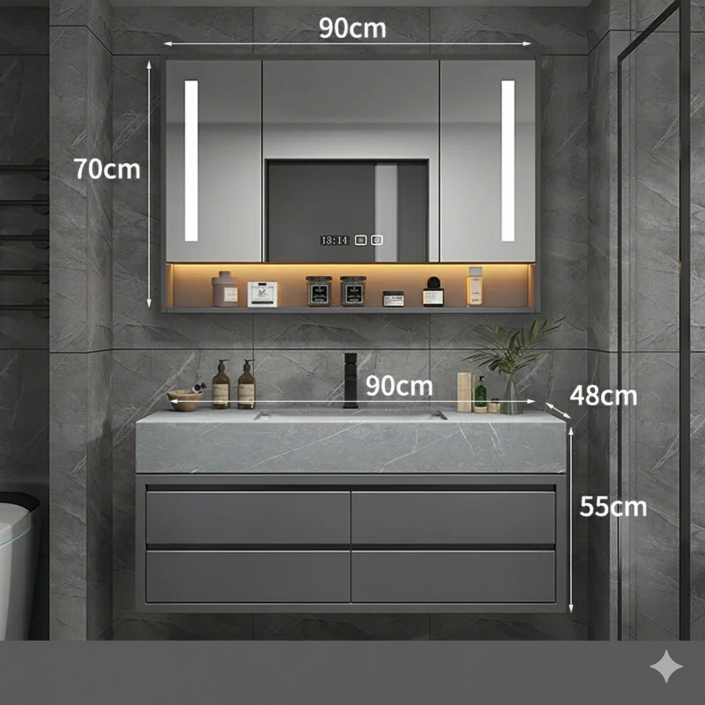 armoire salle de bain 90cm grise avec miroir eclaire