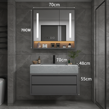 armoire salle de bain grise avec miroir eclaire 70cm