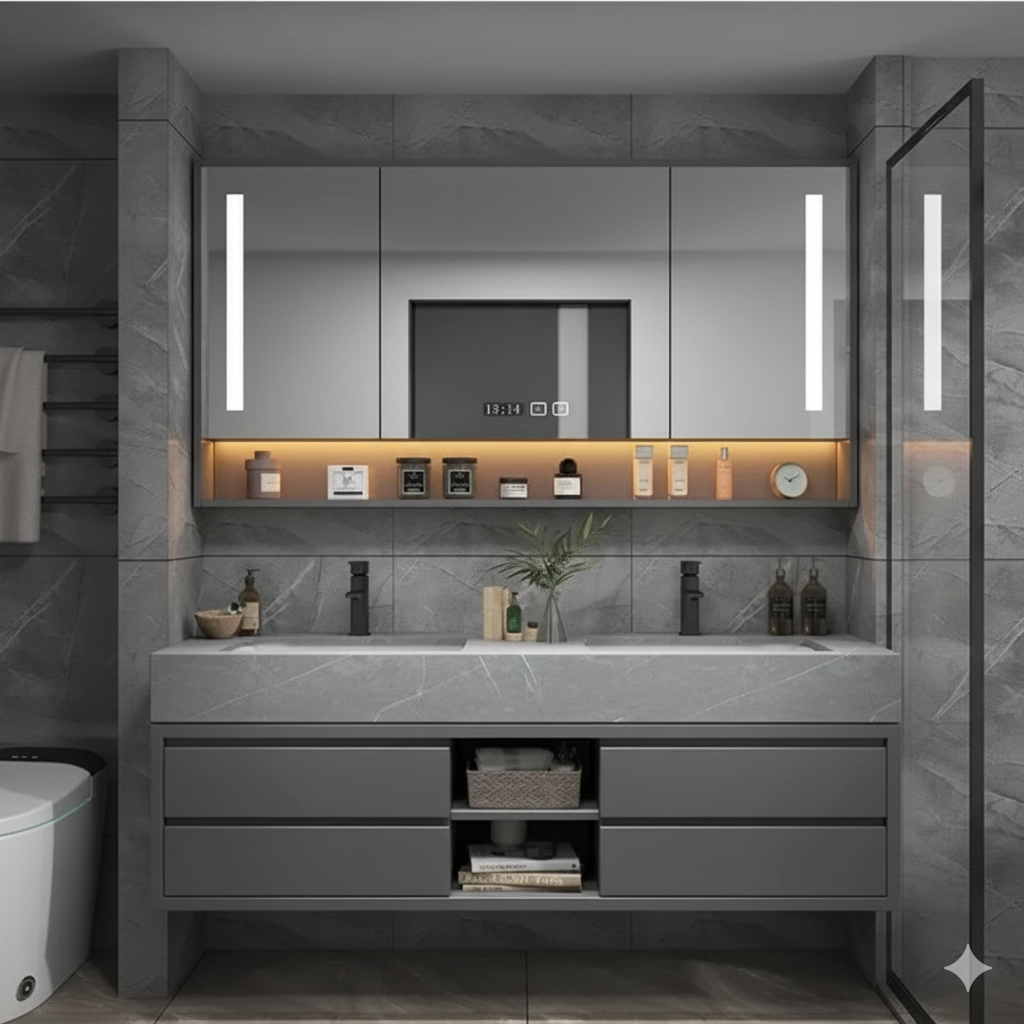 armoire salle de bain grise avec miroir eclaire