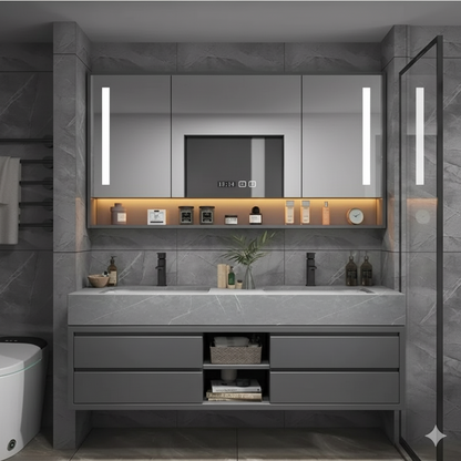 armoire salle de bain grise avec miroir eclaire