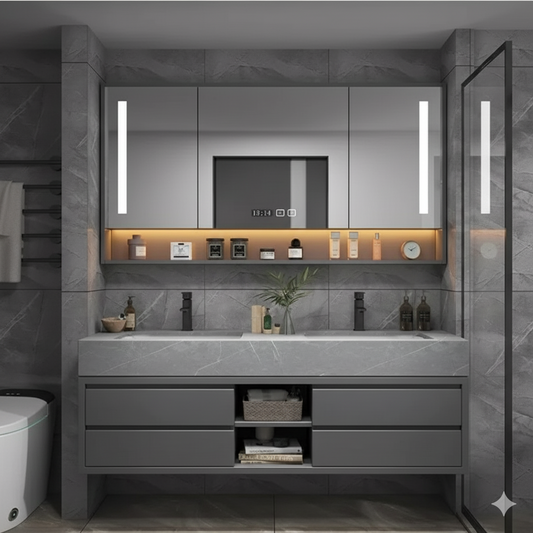 armoire salle de bain grise avec miroir eclaire