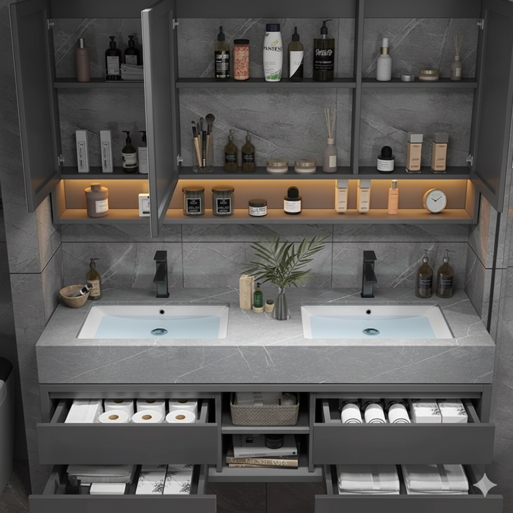 armoire salle de bain grise double vasque portes ouvertes