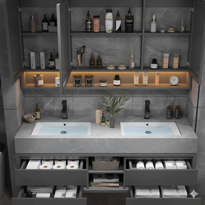 armoire salle de bain grise double vasque portes ouvertes