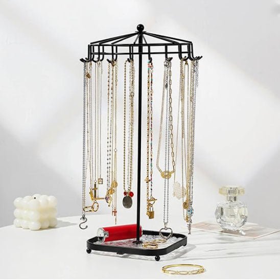 bijoux rangement porte rotatif metal noir colliers