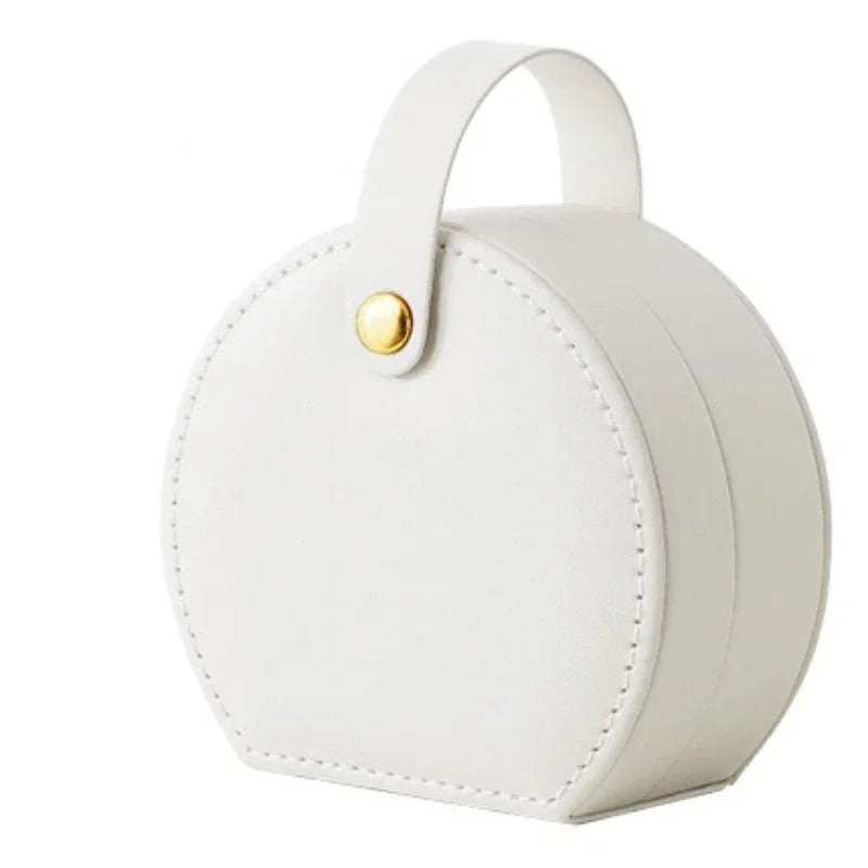 boite a bijoux rangement ronde blanche poignee cuir