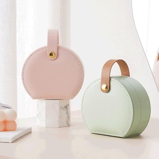 boite a bijoux rangement ronde rose verte poignee cuir
