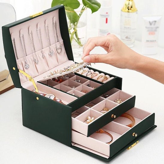 boite a bijoux rangement verte interieur rose tiroirs