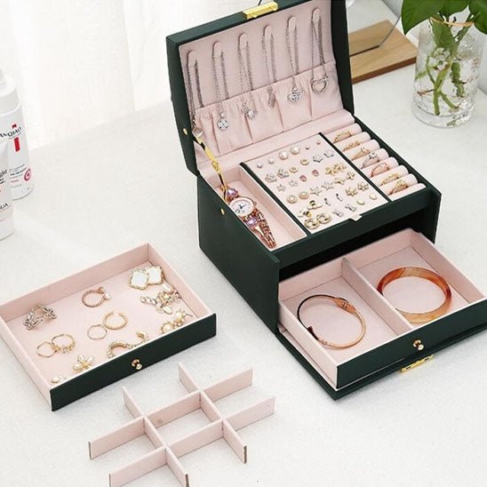 boite a bijoux rangement verte tiroirs amovibles interieurs rose