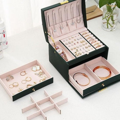 boite a bijoux rangement verte tiroirs amovibles interieurs rose