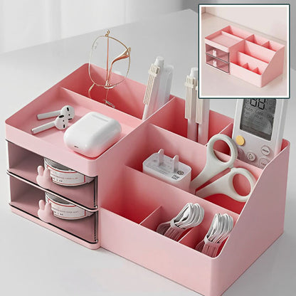 boite de rangement bureau rose tiroirs ciseaux cables stylo