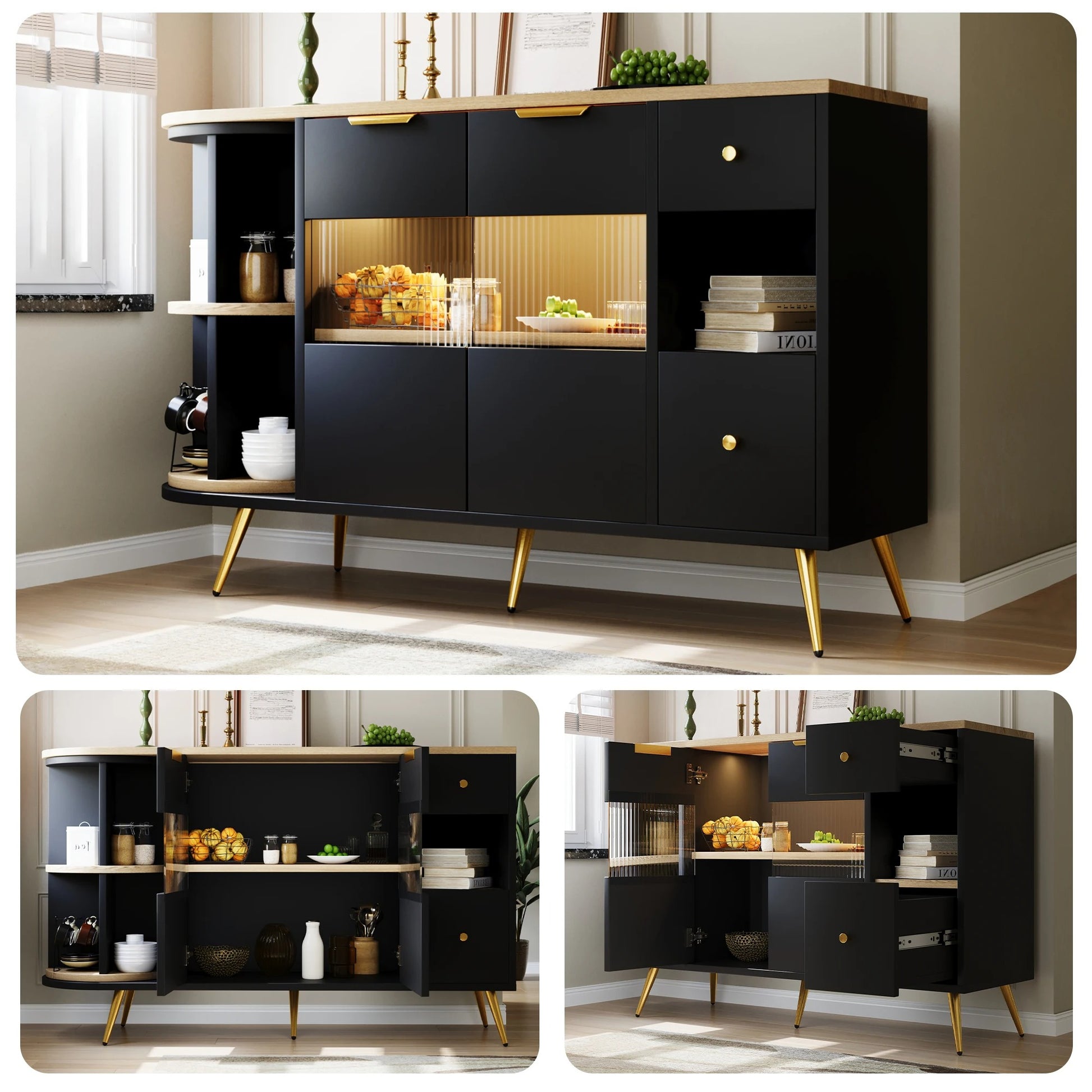 buffet porte coulissante noir etageres ouvertes pieds dores