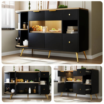 buffet porte coulissante noir etageres ouvertes pieds dores