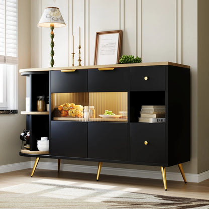 buffet porte coulissante noir vitrines cannelees pieds dores