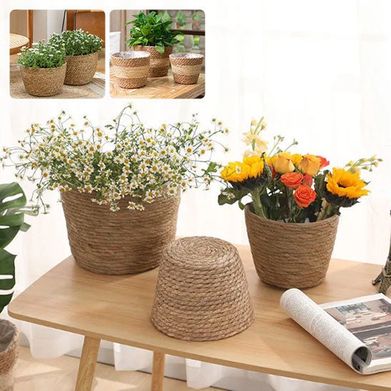 cache pot en osier rotin fleurs marguerites tournesols