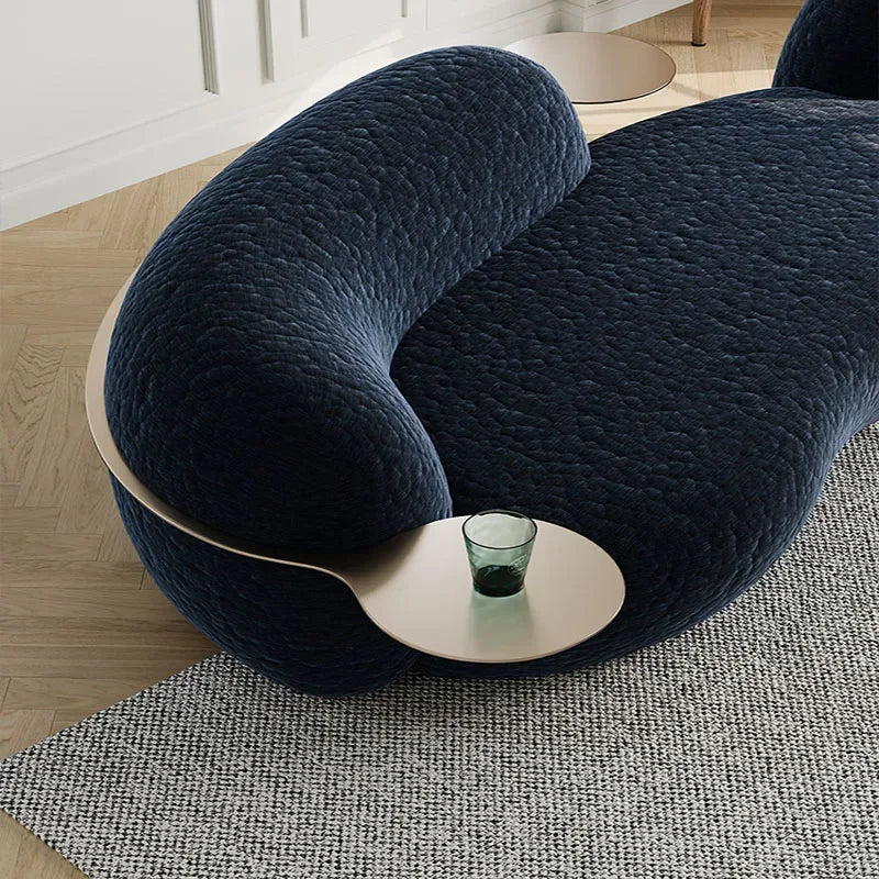 canape boucle bleu nuit courbe avec tablette integree ronde