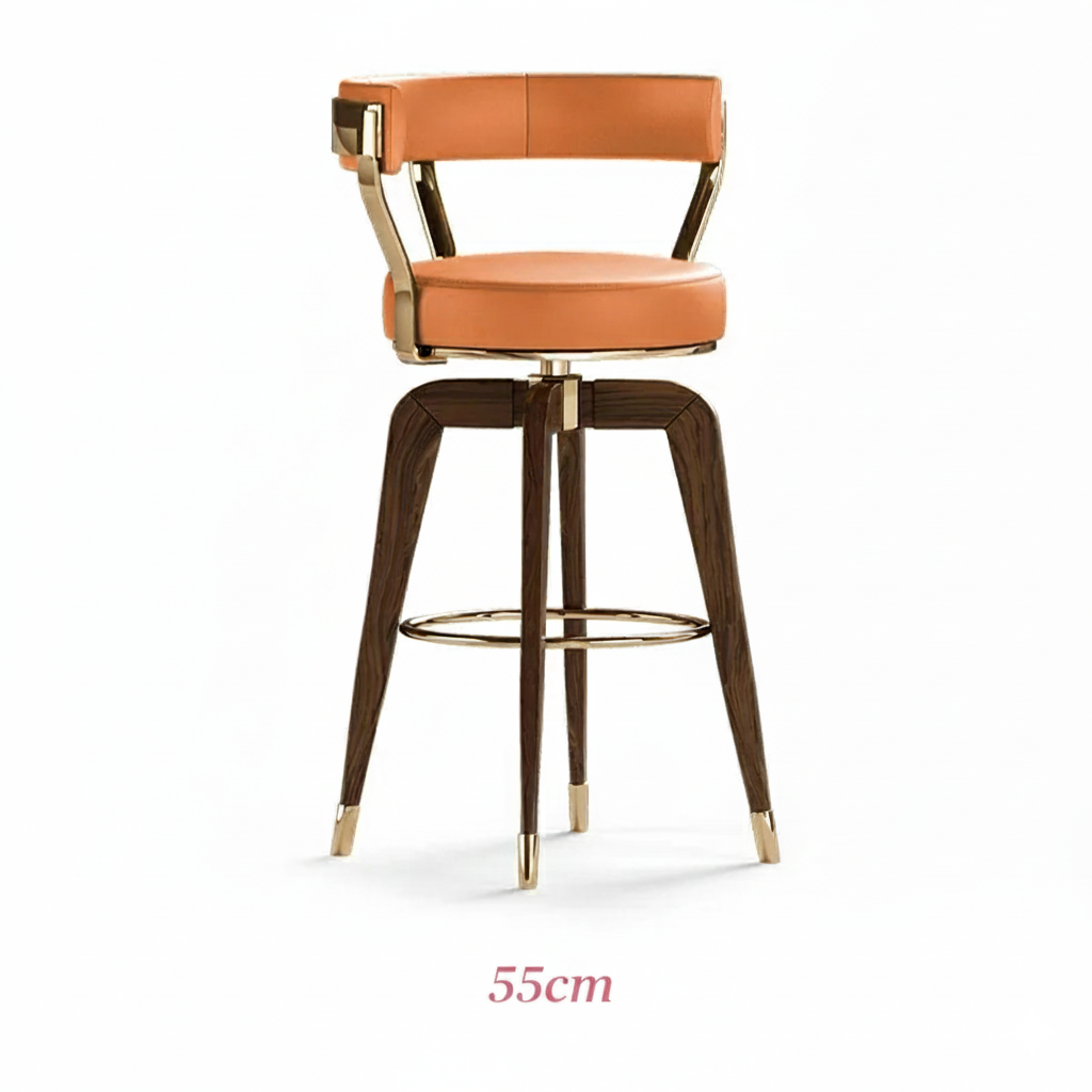 chaise de bar cuir orange bois 55cm profil lateral