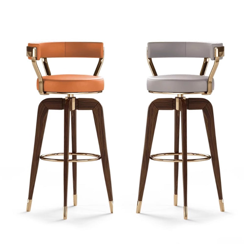 chaise de bar cuir orange et gris pieds en bois noyer