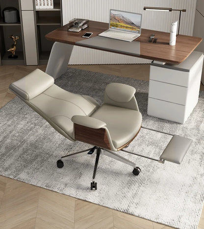 chaise de bureau blanche repose pieds pivotant accents bois
