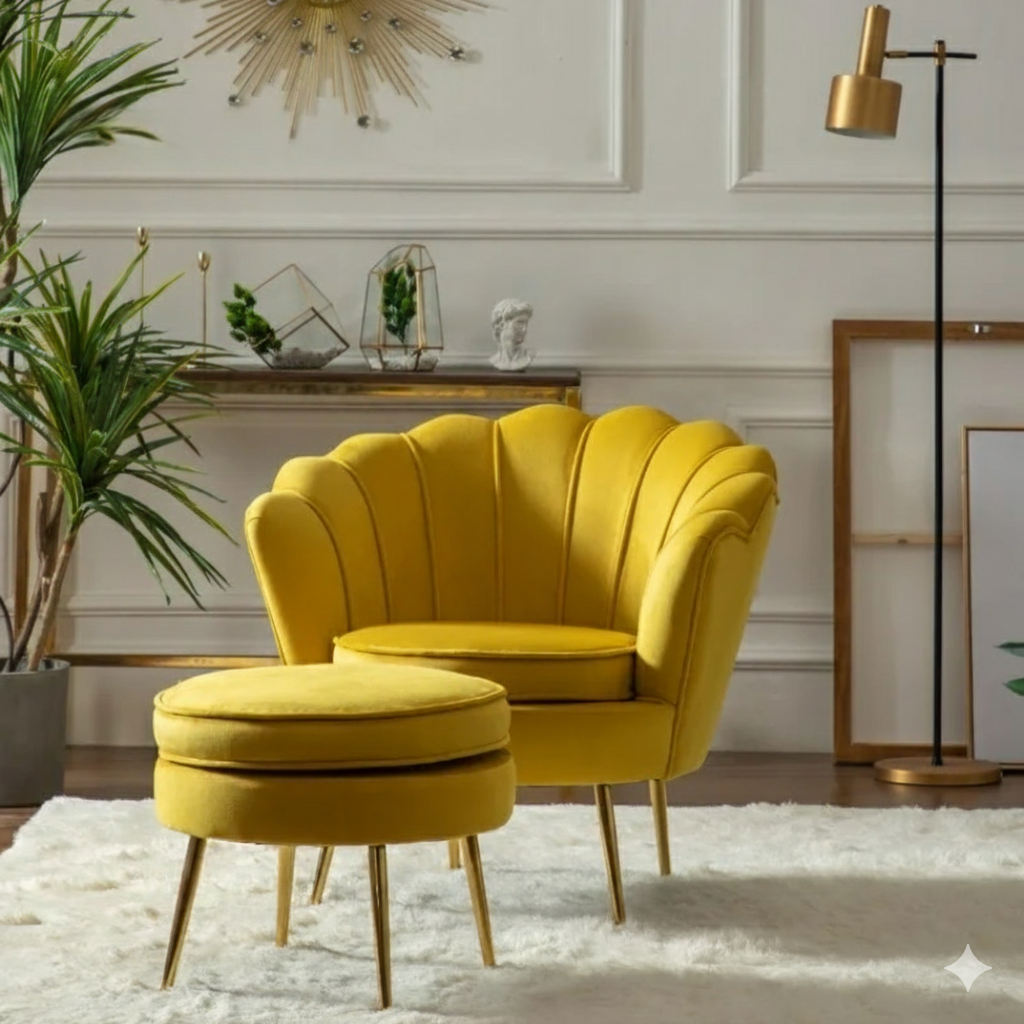 chaise de salon jaune coquille ottoman assorti pieds dores