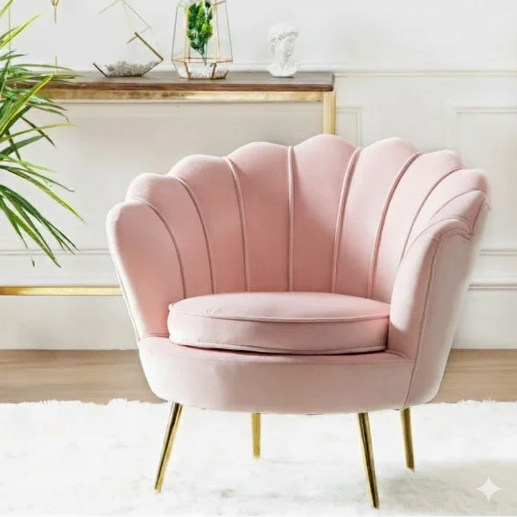 chaise de salon rose coquille velours pieds dores
