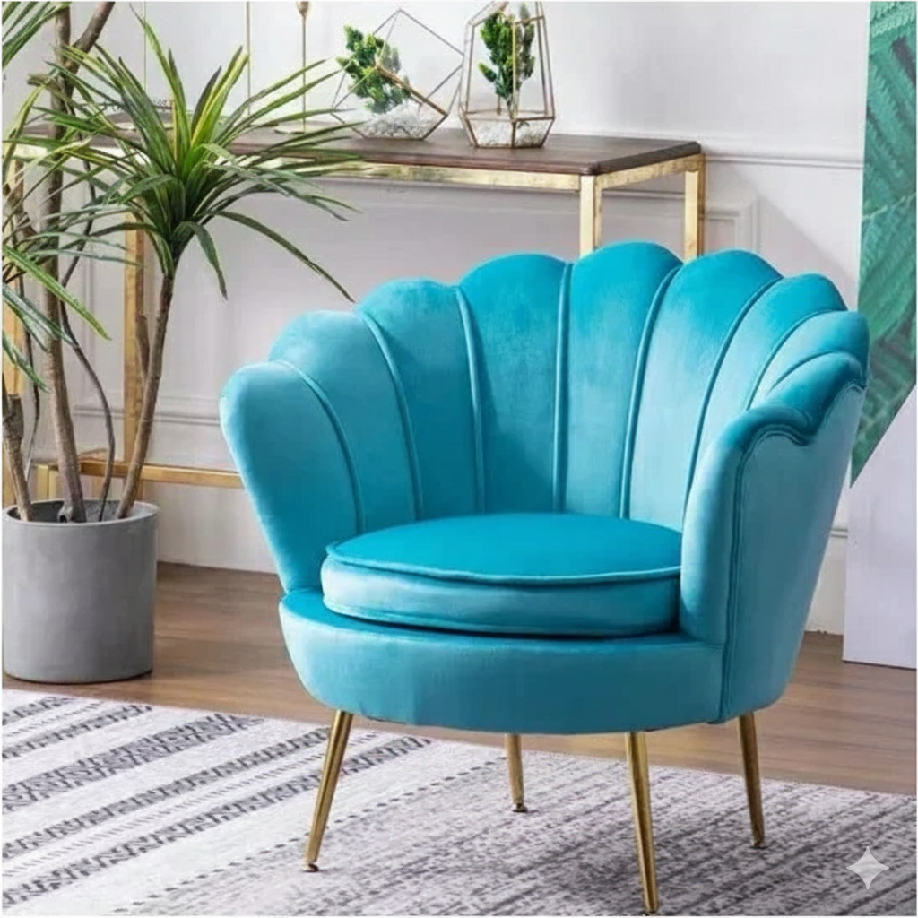 chaise de salon turquoise coquille velours pieds dores