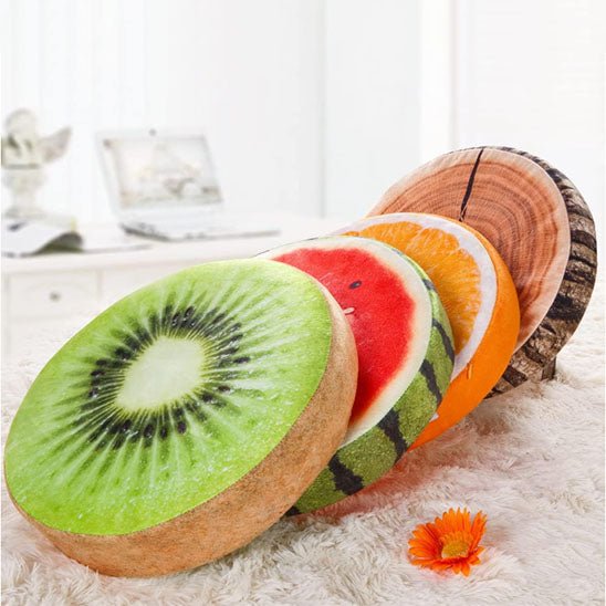 coussin rond fruits kiwi pasteque orange tronc bois