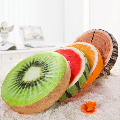 coussin rond fruits kiwi pasteque orange tronc bois