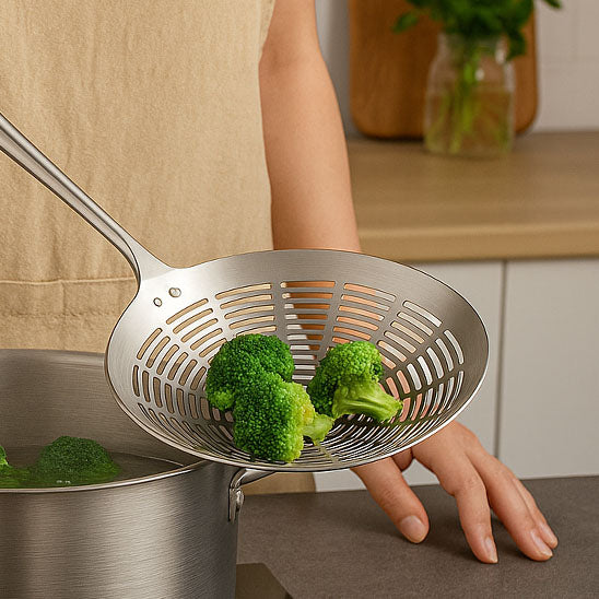 ecumoire inox cuisine avec brocolis chaud