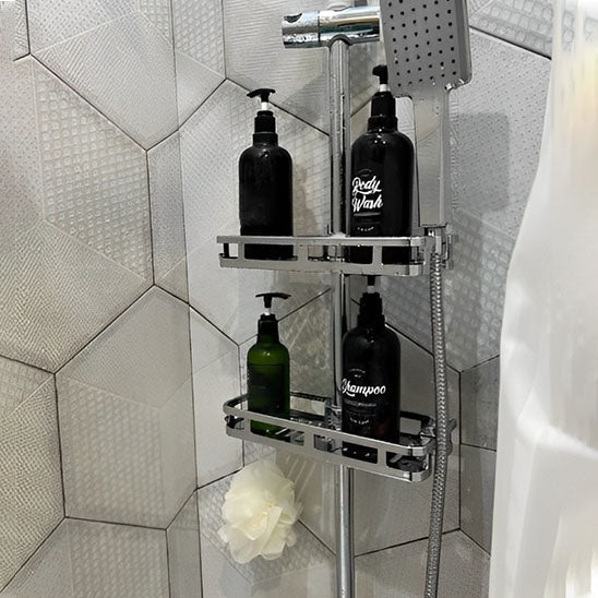 etagere douche chrome avec flacons pompe