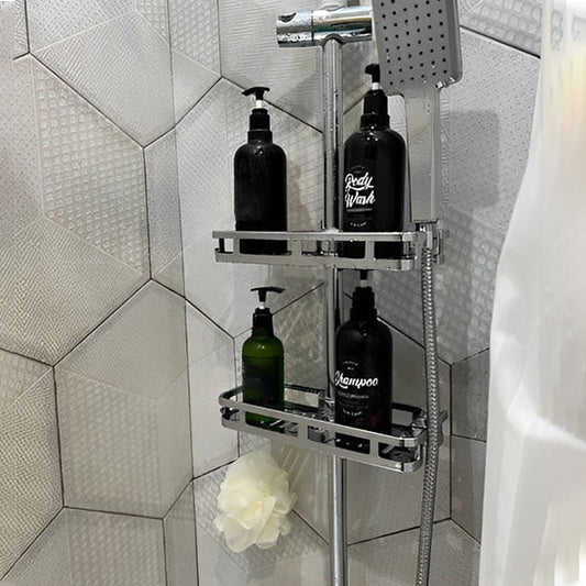 etagere douche chrome avec flacons pompe