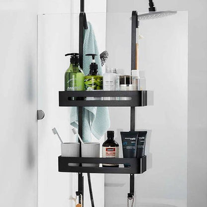 etagere suspendue douche noire avec accessoires serviette